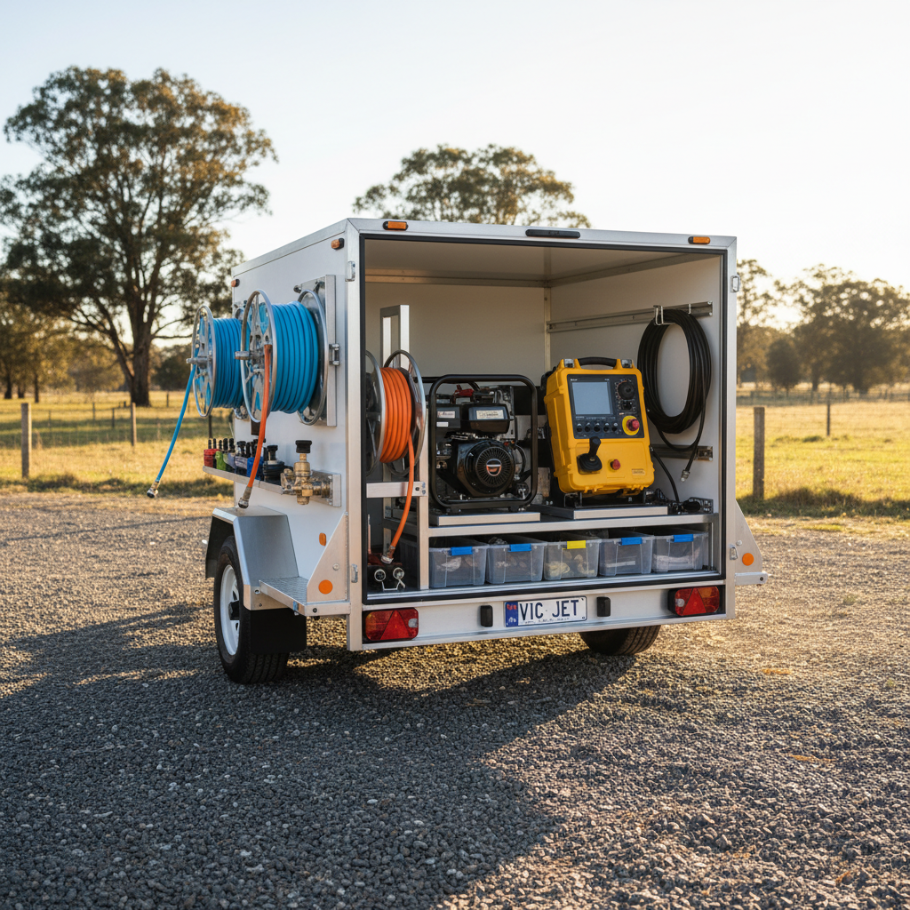 An organized, open utility trailer loaded with neatly arranged sewer jetting and CCTV inspection equipment, parked on compacted gravel beside a rural Central Victorian property. Inside the trailer, reels of color-coded hoses, a portable jetting unit, and a rugged CCTV monitor unit with protective casing are all secured in custom brackets against clean, white interior panels. Late afternoon sunlight filters in from the open rear, casting soft, angled shadows and warm highlights on metal fittings and hose textures. Photographed from a slightly elevated rear angle with sharp focus, the background shows blurred gum trees and a wire fence. The mood is dependable, tidy, and professional, underscoring readiness for on-site service with a clean, modern photographic style.