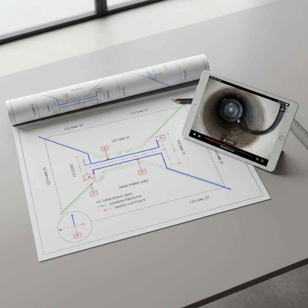 A detailed overhead view of a clearly labeled, full-color drainage and sewer system schematic spread out on a smooth, light-grey workbench, with a tablet displaying a paused CCTV drain inspection video beside it. The schematic shows property boundaries, main sewer lines, inspection points, and stormwater paths in precise, technical drawing style. Natural window light from the left creates soft, even illumination and subtle shadows along the paper’s edges and the tablet’s bezel. Shot from a true bird’s-eye perspective with sharp focus across the entire frame, the composition feels ordered and easy to read. The mood is calm, analytical, and professional, emphasizing planning, diagnosis, and expertise through clean, realistic photographic rendering.