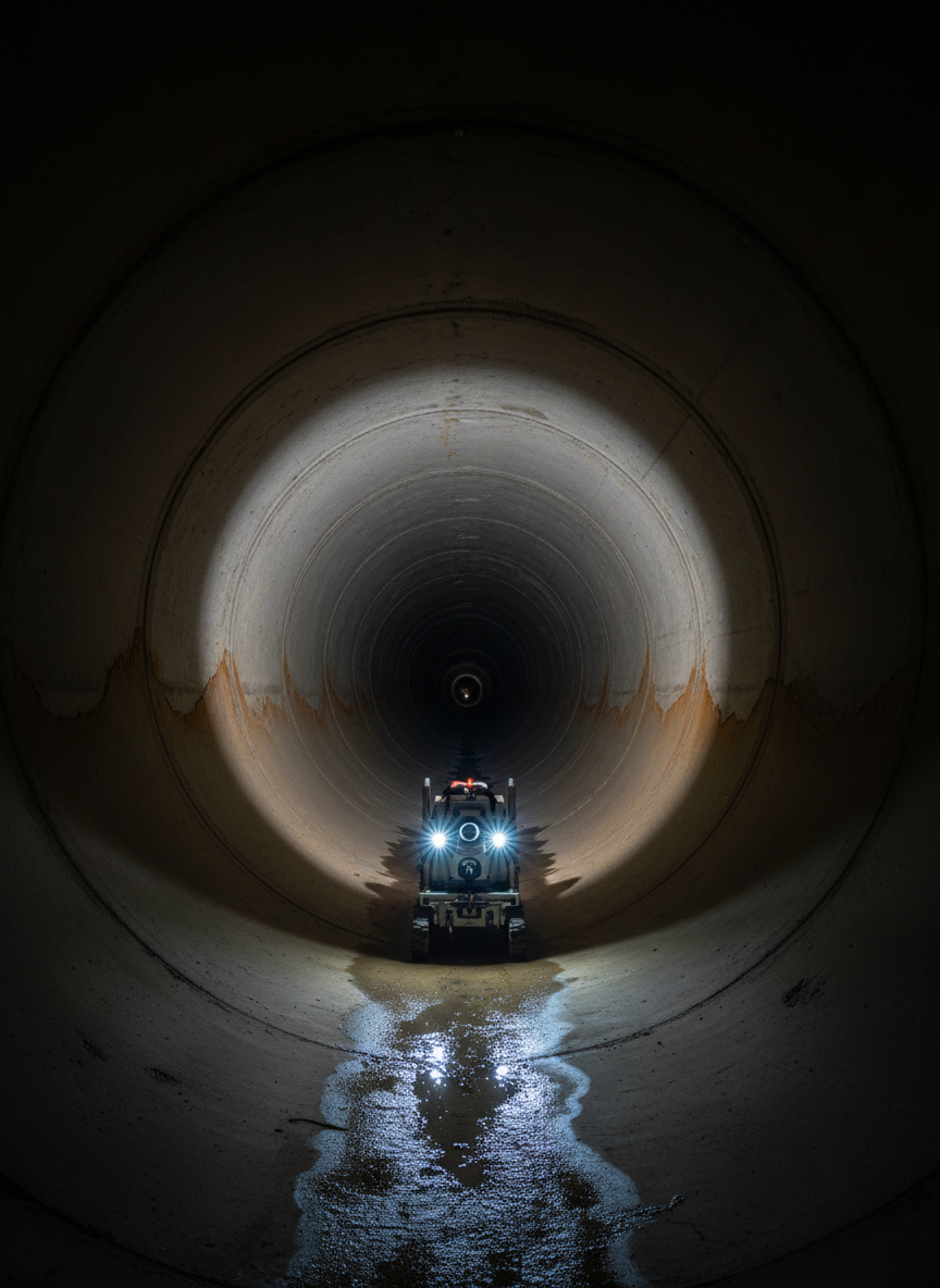 The dark interior of a large underground stormwater pipe in Central Victoria, rendered in photographic realism, with the circular tunnel receding dramatically into the distance. At the forefront, a compact, wheeled CCTV drain inspection camera with bright LED lights illuminates the smooth concrete walls, revealing subtle mineral staining and small trickles of water along the base. The only light source is the camera’s LEDs, creating a focused, high-contrast glow that fades into deep shadow further down the pipe. Shot from a low, centered perspective directly behind the camera unit, the composition emphasizes depth and precision. The atmosphere is technical and slightly dramatic, highlighting thorough inspection capabilities and professionalism.