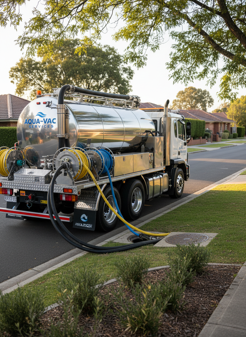 A gleaming high-pressure sewer jetting truck parked neatly on a clean suburban street in Central Victoria, its stainless steel water tanks and bright hose reels meticulously organized along the side. Thick, industrial-grade jetting hoses extend toward a discreet roadside inspection point, surrounded by well-maintained nature strips and asphalt. Soft late-morning natural light creates gentle reflections on the polished metal surfaces, emphasizing the truck’s modern, professional branding. Photographed at eye level with sharp focus throughout, the composition uses the rule of thirds to balance the truck against a backdrop of leafy trees and distant rooftops. The atmosphere is clean, efficient, and reassuring, with photographic realism and a crisp, modern aesthetic suitable for a professional service website.