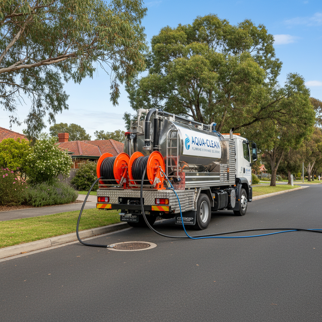 A gleaming high-pressure sewer jetting truck parked neatly on a clean suburban street in Central Victoria, its stainless steel water tanks and bright hose reels meticulously organized along the side. Thick, industrial-grade jetting hoses extend toward a discreet roadside inspection point, surrounded by well-maintained nature strips and asphalt. Soft late-morning natural light creates gentle reflections on the polished metal surfaces, emphasizing the truck’s modern, professional branding. Photographed at eye level with sharp focus throughout, the composition uses the rule of thirds to balance the truck against a backdrop of leafy trees and distant rooftops. The atmosphere is clean, efficient, and reassuring, with photographic realism and a crisp, modern aesthetic suitable for a professional service website.