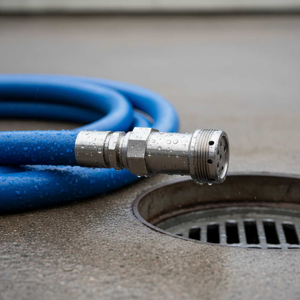 A close-up view of a powerful sewer jetting nozzle emerging from a coiled, heavy-duty blue hose, water droplets clinging to the textured rubber surface. The nozzle, made of brushed stainless steel with precision-machined jets, rests on a damp concrete driveway beside a small, open drain access point. Soft overcast daylight diffuses evenly across the scene, creating minimal shadows and emphasizing fine details in the metal and hose textures. Captured from a slightly low, close-range angle with shallow depth of field, the background fades into a gentle blur of neutral tones. The mood is highly technical, clean, and professional, conveying reliability and advanced equipment in photographic realism for a specialist drainage service.