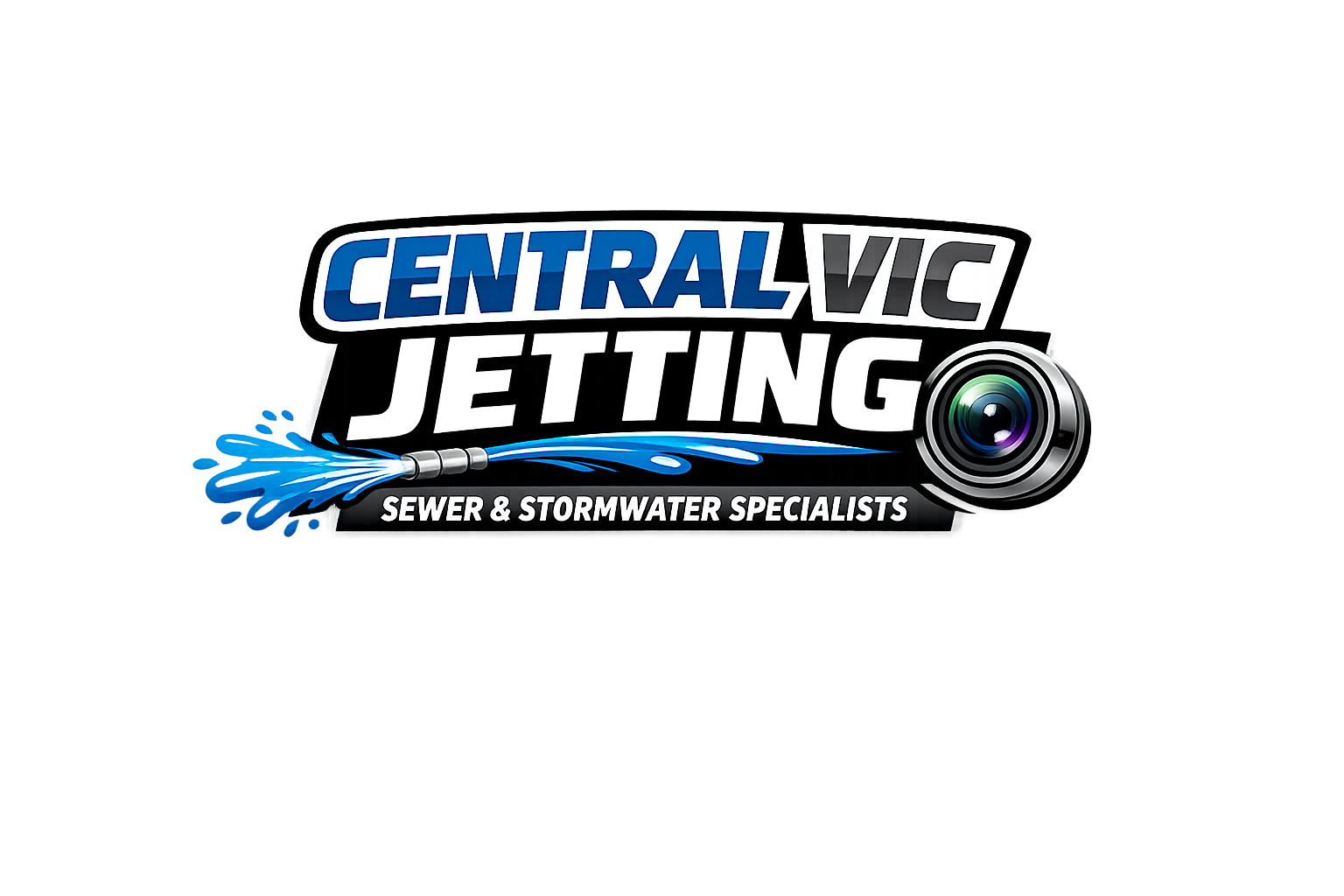 The image depicts a logo for Central Vic Jetting, a company specializing in sewer and stormwater services. The logo featur...